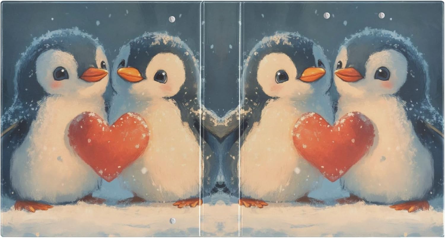 Valentine's Day Two Penguins 3 Ring Binders, 1.5” Round Ring Binders with Clipboard - Letter Size, 3 Interior PVC Clear Pockets & Anti-Slip Clip for Office School Supplies, 2PCS