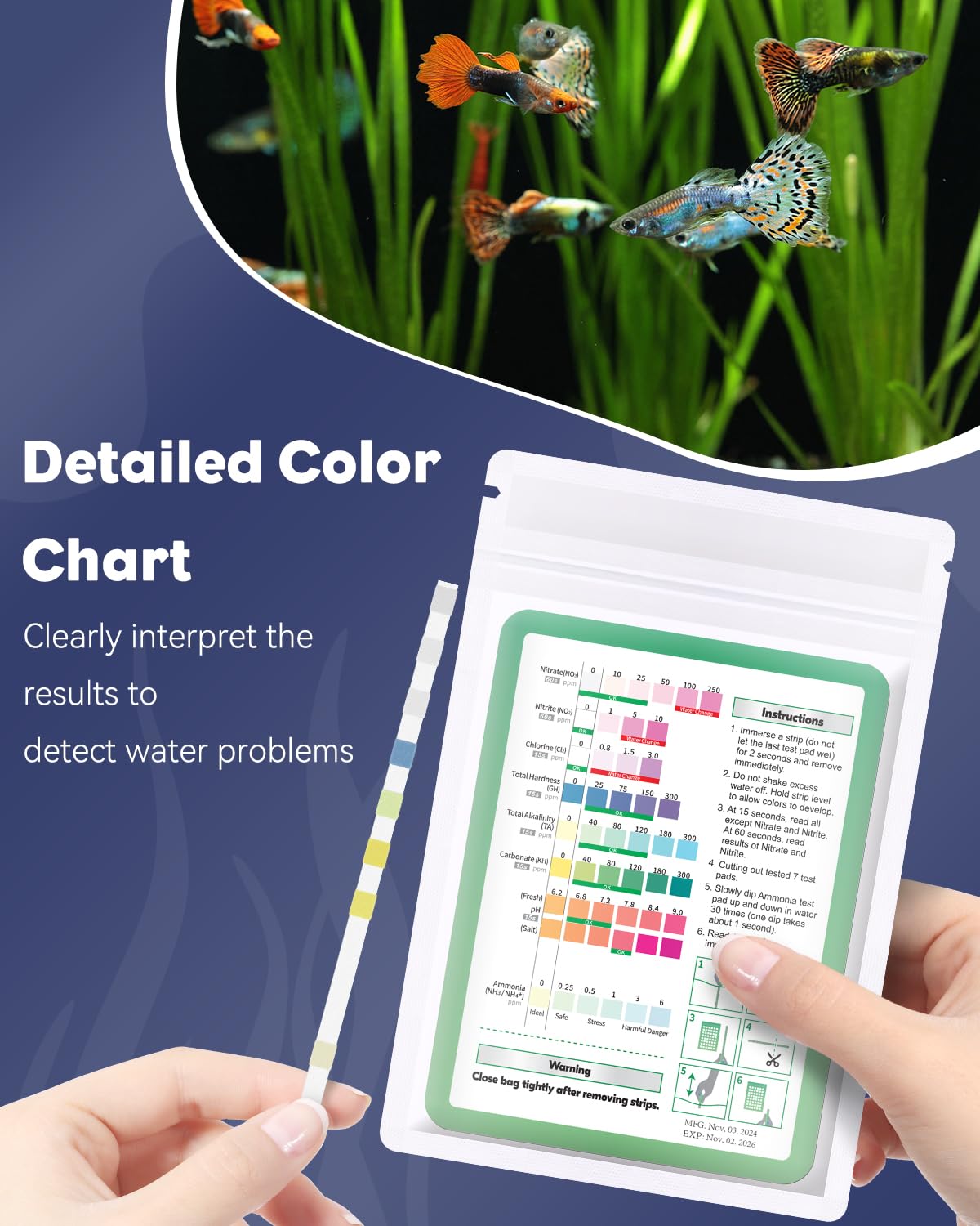 Pawfly 8 in 1 Aquarium Test Strips for pH Chlorine Nitrate Carbonate Hardness Total Alkalinity & Ammonia Water Quality Freshwater Saltwater Test Kit, 50 Strips Fish Tank Water Testing kit - image 4