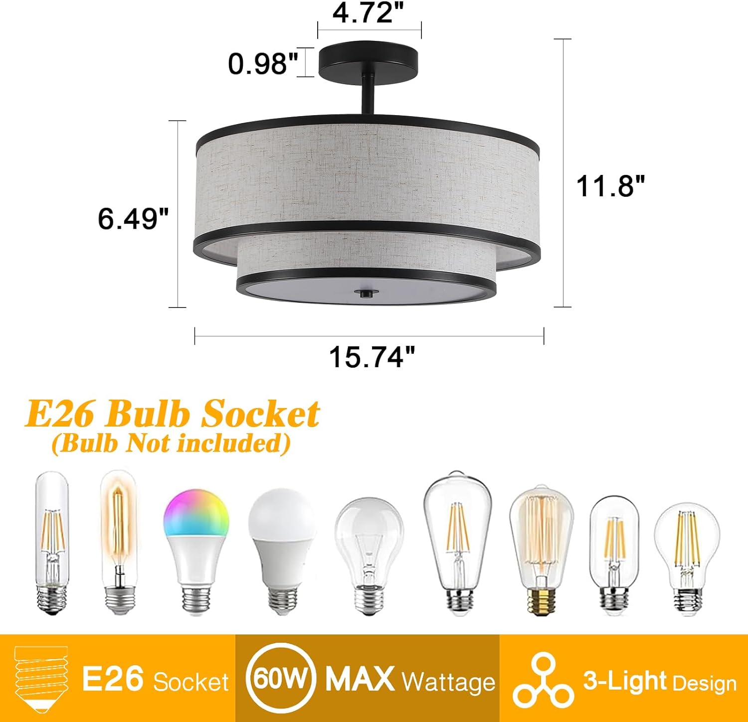 Semi Flush Mount Ceiling Light, 3-Light Double Drum Ceiling Light Fixture with Fabric Shade, Farmhouse Chandelier Dining Room Light Fixture for Bedroom, Kitchen, Hallway (Black)