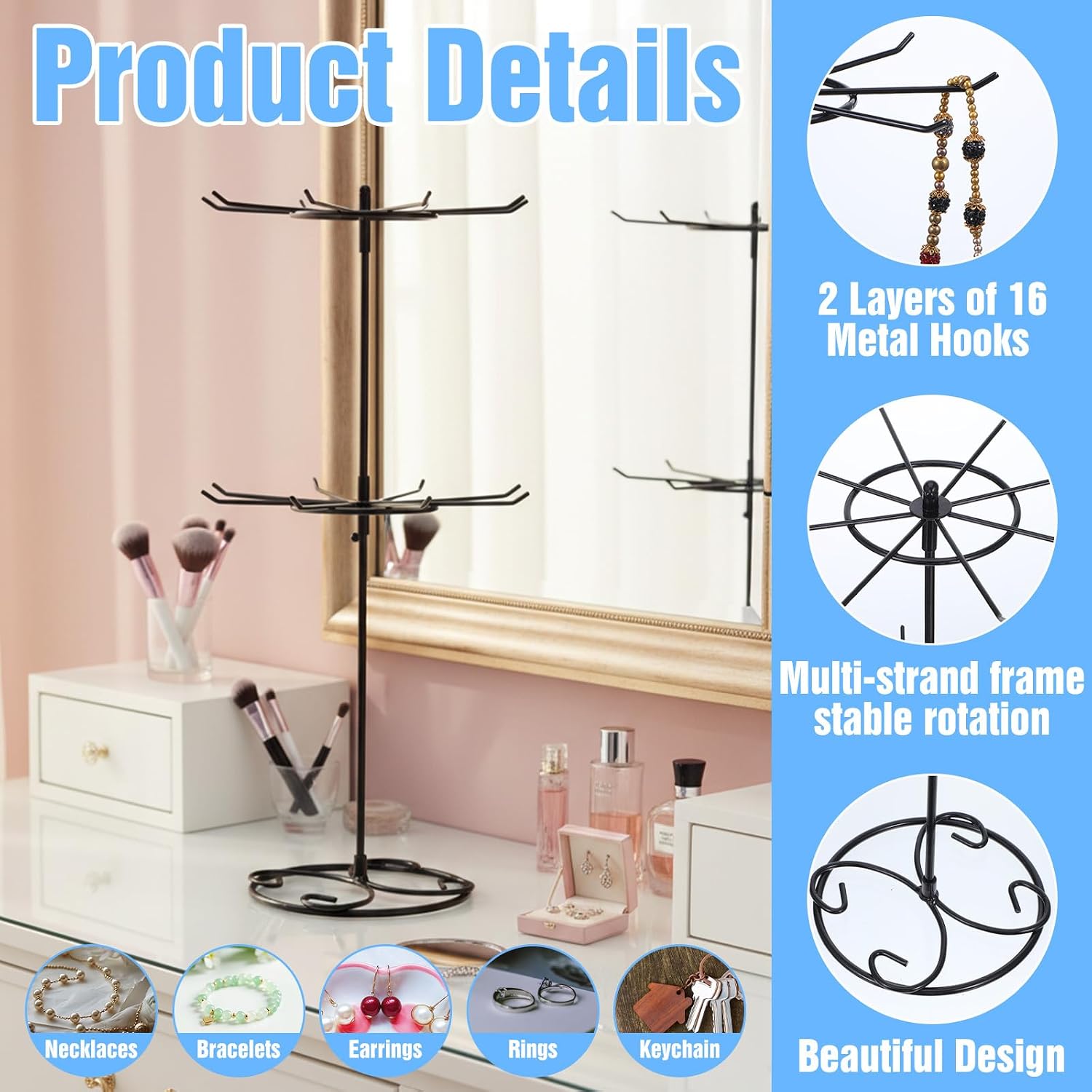 2 Pcs Jewelry Stand Organizer, 2 Tier Rotating Rack Metal Necklace Organizer Black Jewelrys Keychain Display for Vendors Jewelry Earring Bracelet Display Supplies