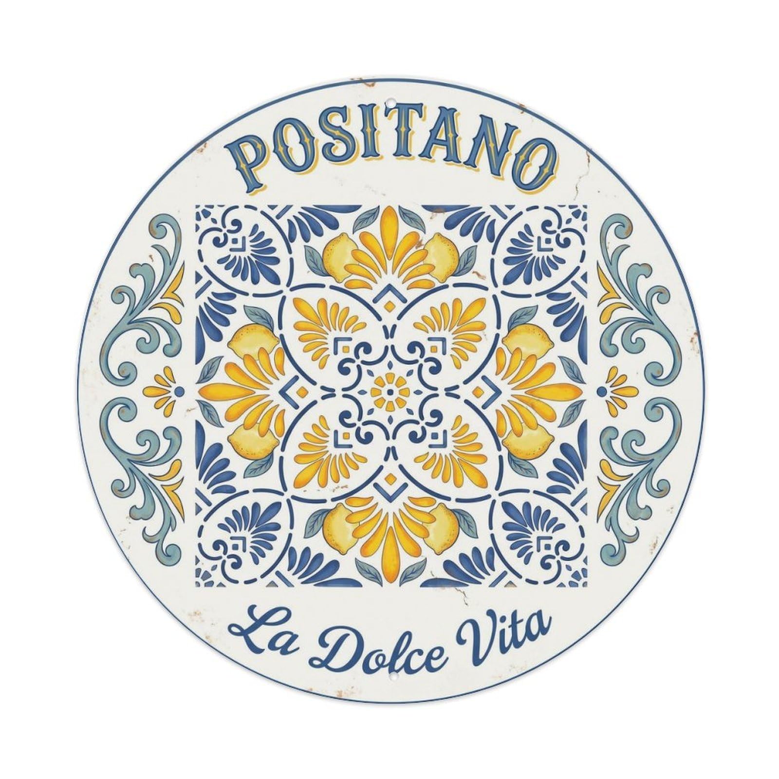 Positano Coastal Rustic Amalfi Coast Southern Italy Metal Tin Sign Plaque Wall Decor for Cafe, Man Cave, Club Bar, Office, Home Garden Round Metal Poster 8x8Inch