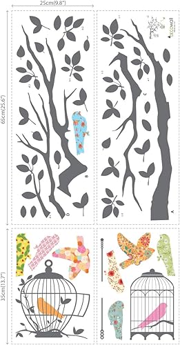 Miniatura 5 de DECOWALL DW-1510 Calcomanías de pared para niños, diseño de pájaros en rama de árbol con jaulas de pájaros, calcomanías de pared extraíbles para