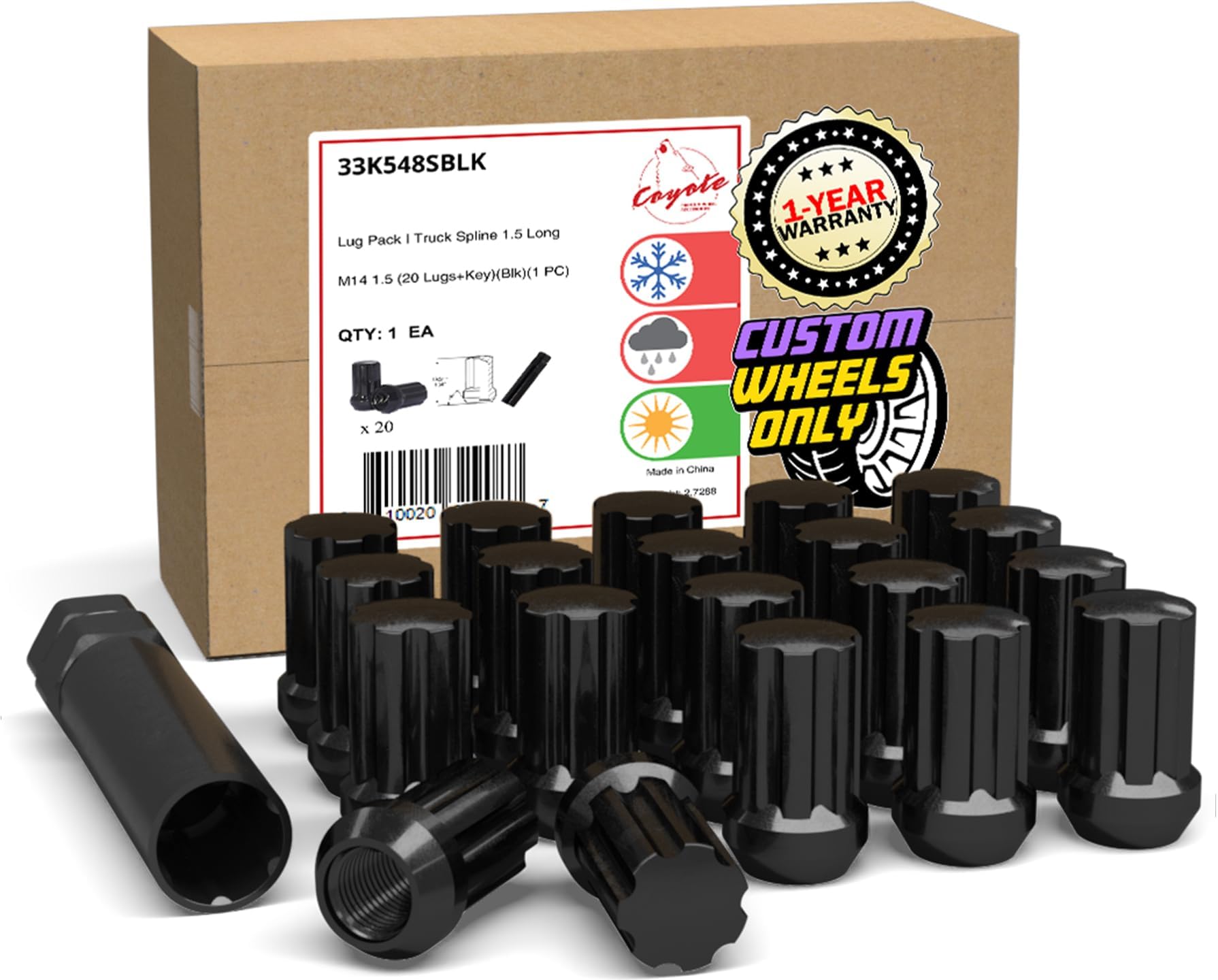 - Wheel Accessories Parts 20 Pcs M14x1.5 Thread Short Truck 1.50" Long Spline Lug Nuts Black 7 Spline Hex Fits Chevy Camaro Corvette ｜ Dodge Charger Challenger ｜ Ford Mustang ｜ Jeep Wrangler