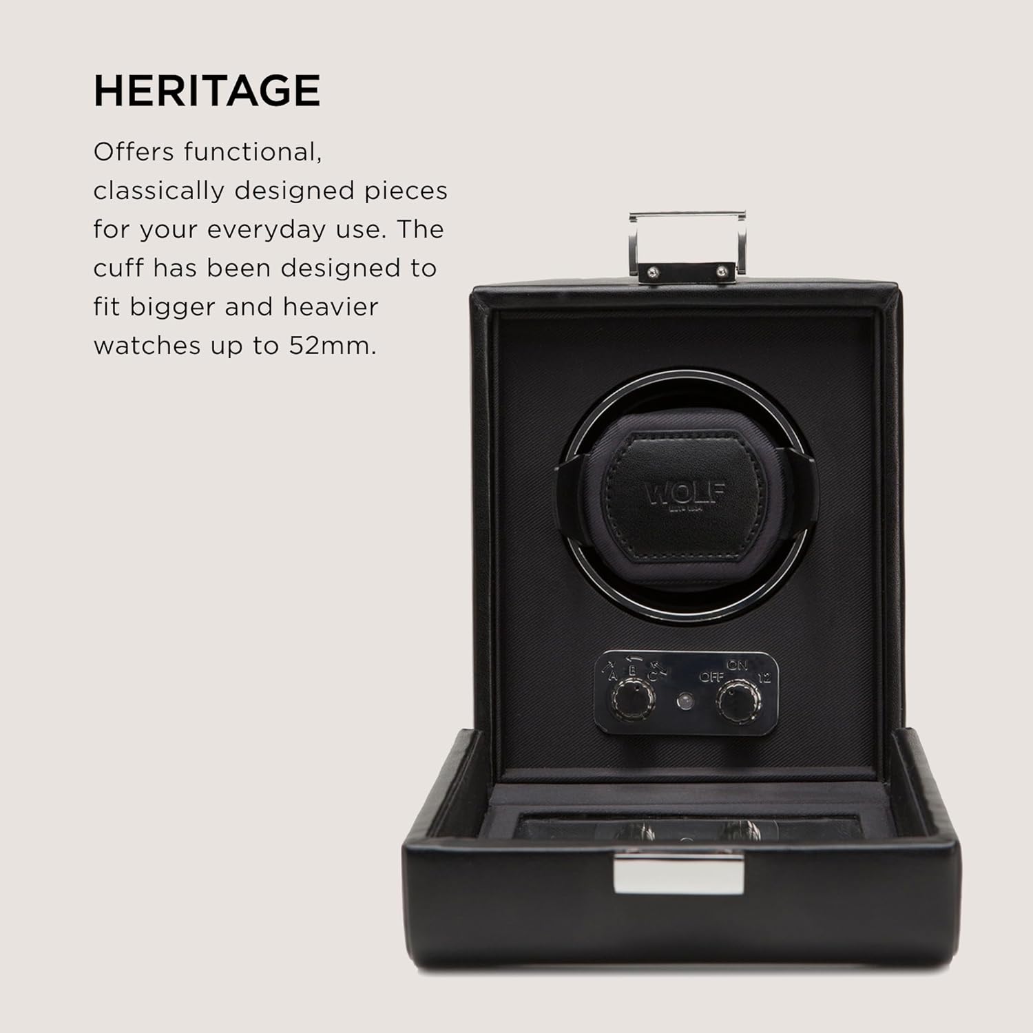 WOLF Heritage Single Watch Winder, open view showing controls