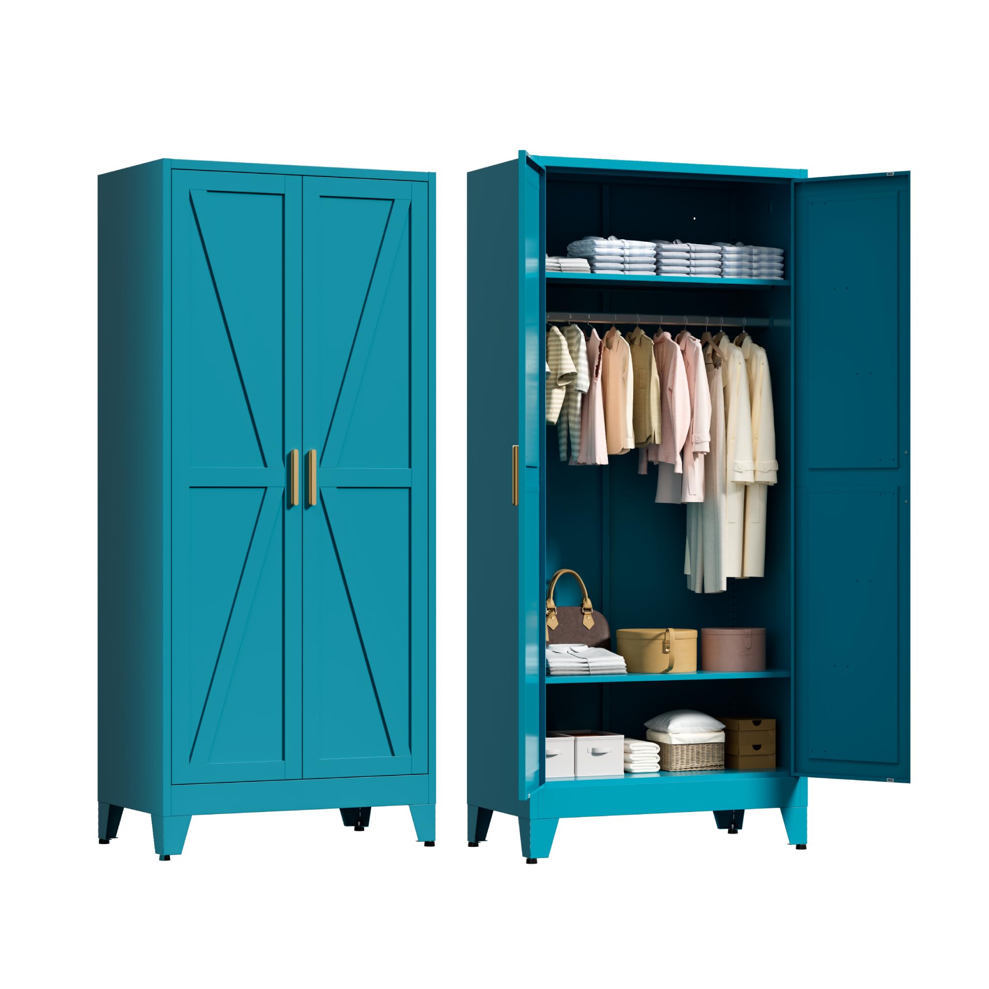 LCAOPC 71 inch tall metal wardrobe closet in peacock blue with doors open, showing interior shelves and hanging rod with clothes.