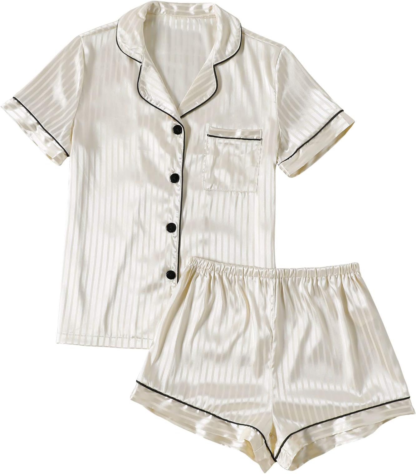 LYANERWomen's Striped Silky Satin Pajamas Short Sleeve Top with Shorts Sleepwear PJ Set