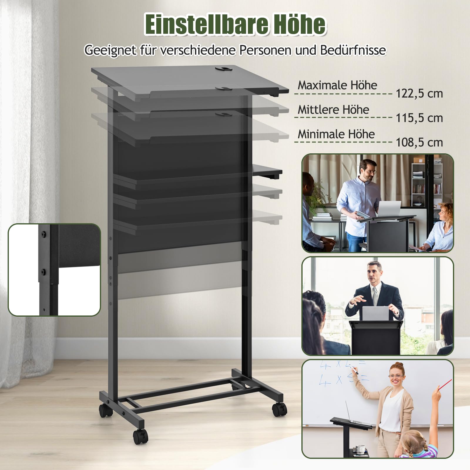 GYMAX Stehpult, Rednerpult mit 4 Rollen, höhenverstellbar Schreibtisch mit stabilem Metallrahmen, Ablagefläche & Kabelloch, Laptoptisch, mobiler Stehtisch für Büro & Zuhause, 60 x 40 cm, Schwarz
