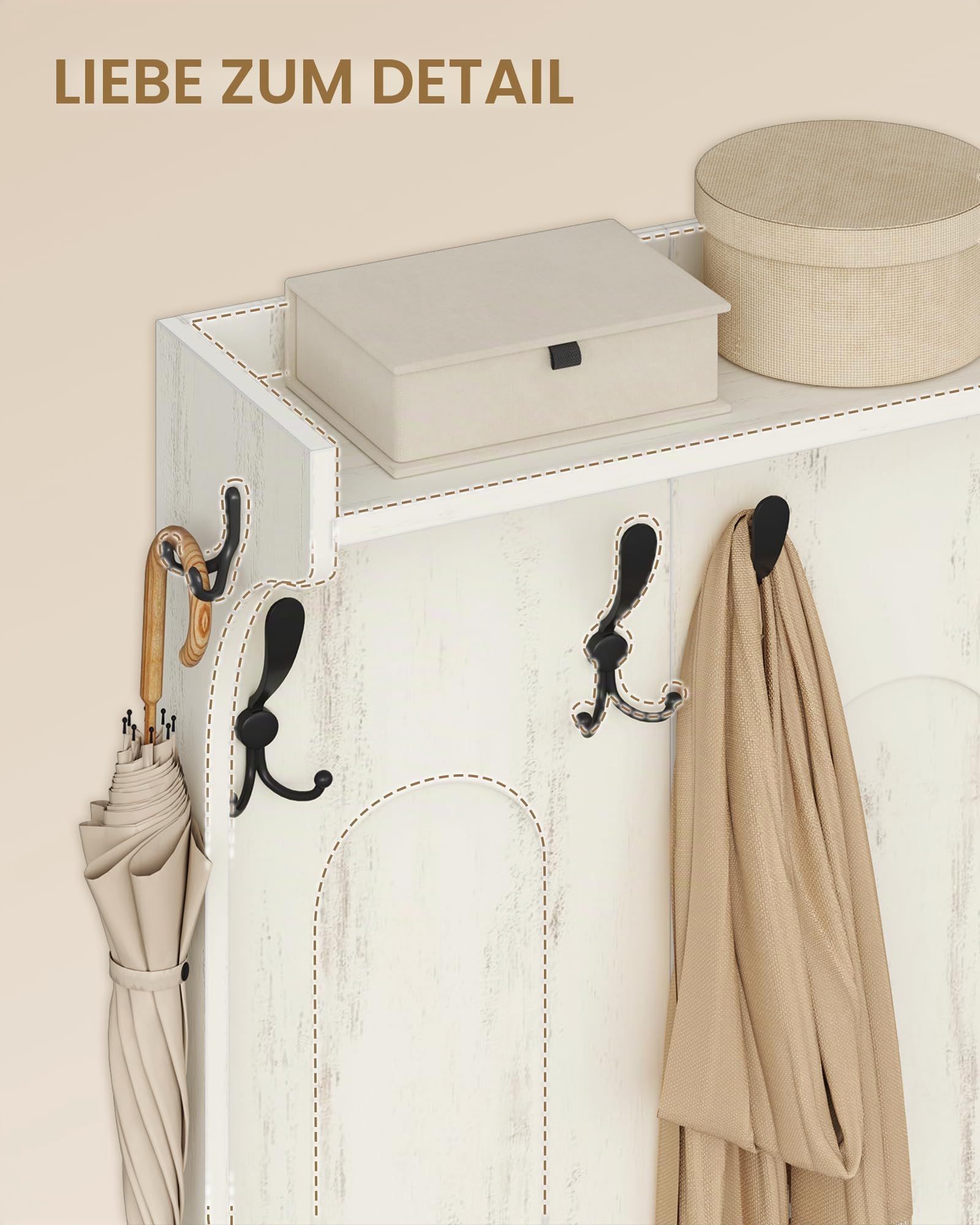 Hzuaneri Garderobenständer mit Schuhbank, Garderobe mit Spiegel, Weiß-Braun | Schuhaufbewahrung, 10 Haken, Verstellbare Regalböden, Freistehend, für Eingangsbereich, Flur, 35,5 x 100 x 185 cm, HT23514X