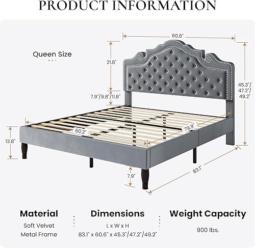 Miniatura 49 de SHA CERLIN Base de cama Queen con cabecera ajustable, tapizado de terciopelo, botón de diamante y tachuelas de metal, no necesita somier, soporte de