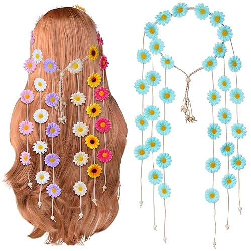 Sucrain 2pcs Flower Hippie Headband Floral Crown Summer Sunflower Hair