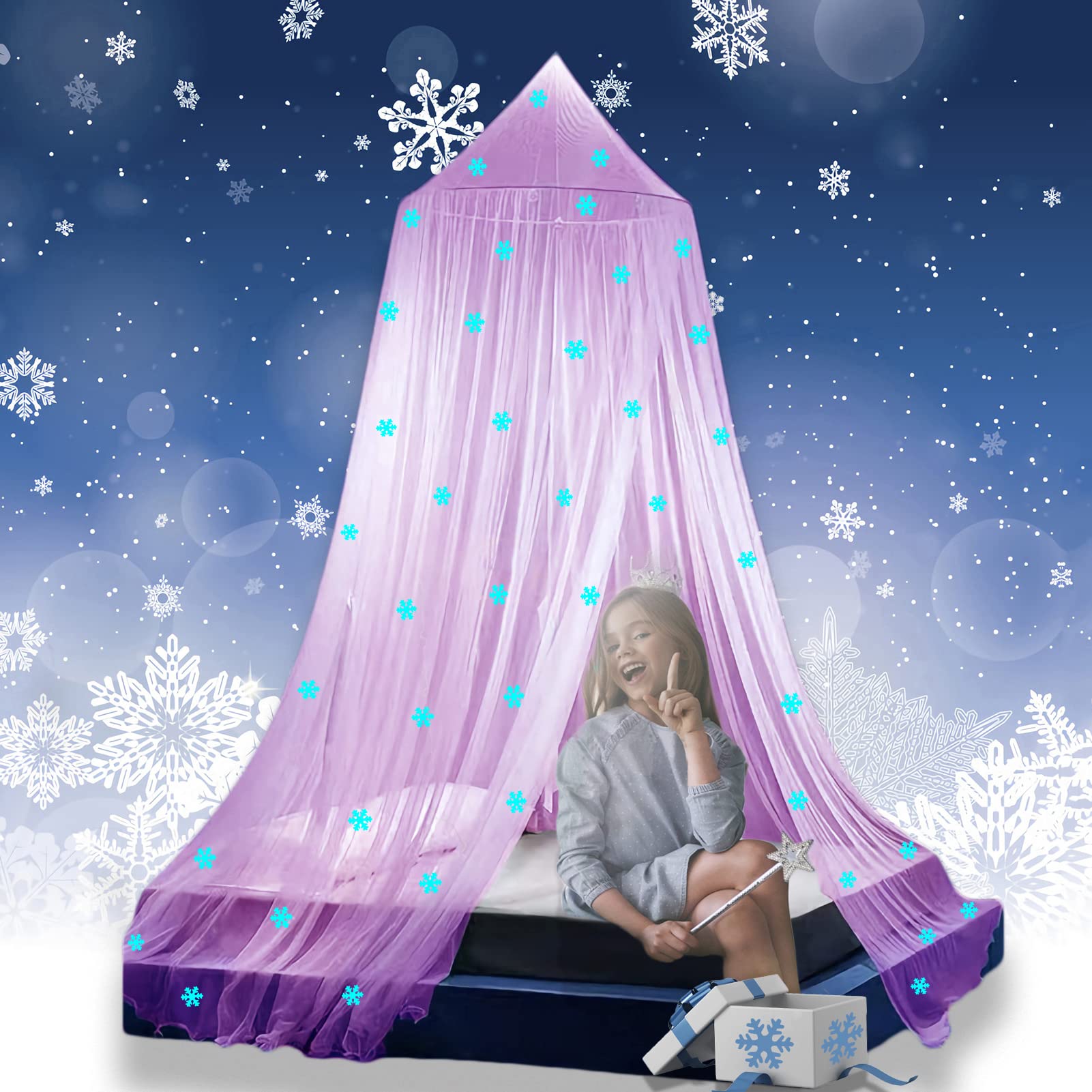 Eimilaly Princess Bed Canopy Glow in The Dark, Christmas Snowflakes Bed Canopy for Girls Room Decor, Pink