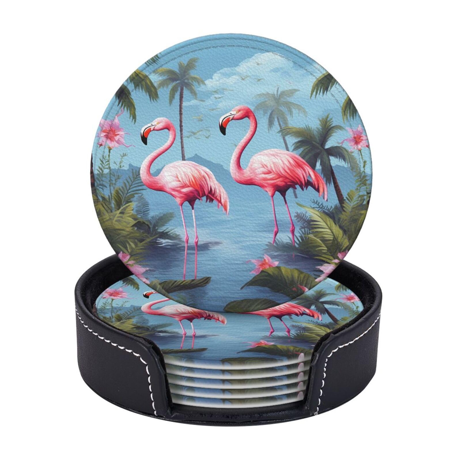 Round Coasters for Drinks Set of 6 - PU Leather Coasters with Holder - Modern Drink Coasters for Coffee Table - Tropical Flamingos Coaster for Tabletop Protection 4" Cup Mat Pad