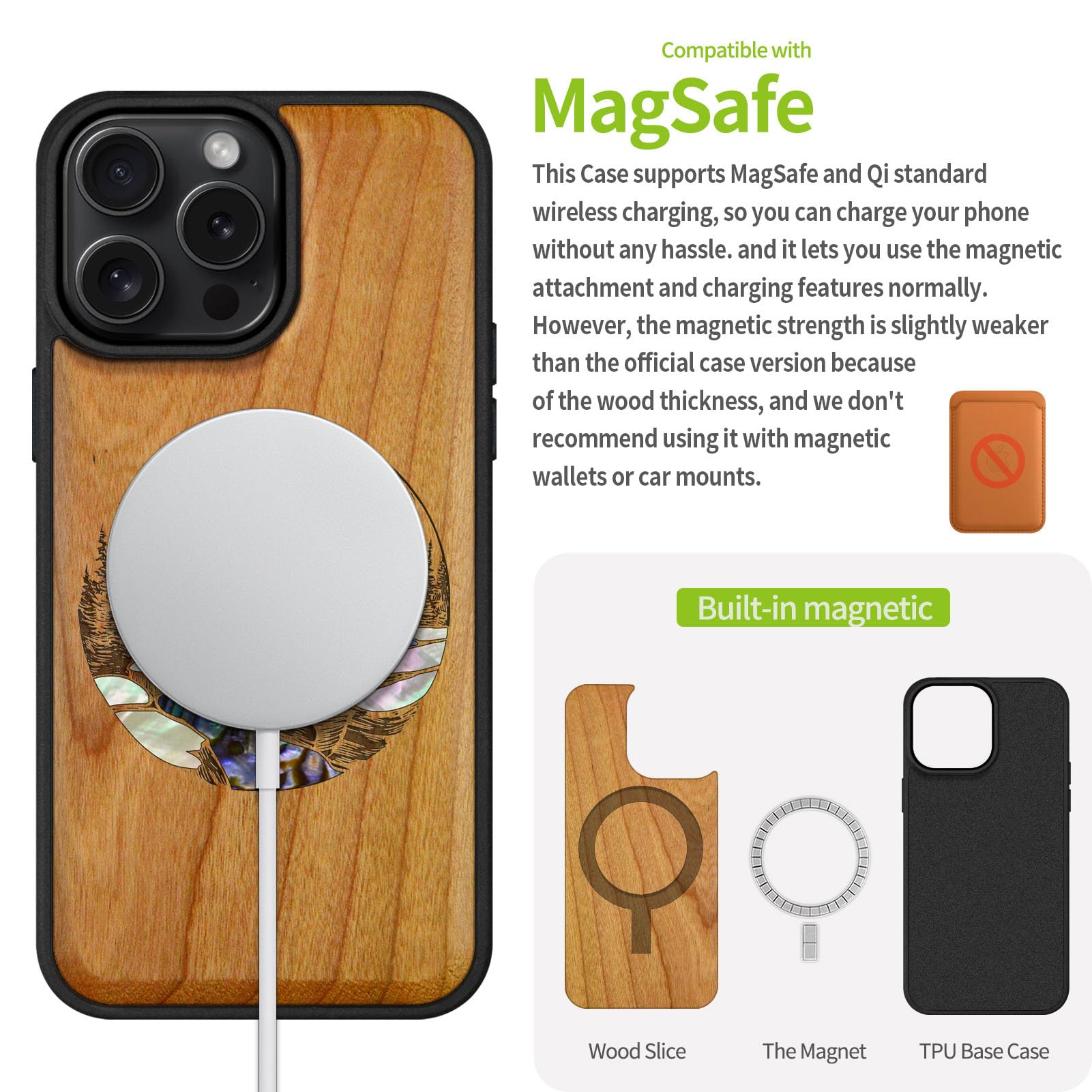 Cover IPhone 16 In Legno Con Intarsio Di Conchiglie – Custodia Magnetica, Compatibile MagSafe - copertina