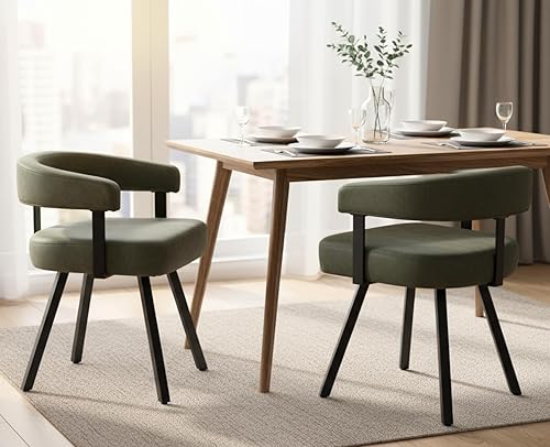 Juego de 2 sillas de comedor modernas de cuero verde tapizadas, cómodas sillas de cocina, sillas auxiliares sin brazos con respaldo abierto curvado