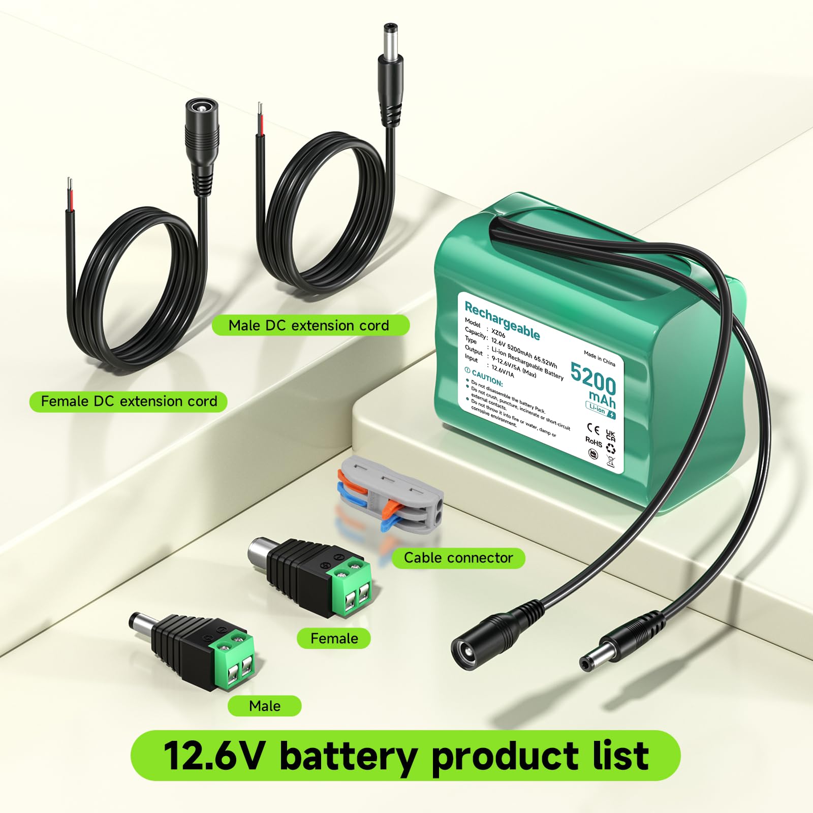 Batería Litio 12.6V 5200mAh, batería pequeña de 12V con Cargador y Adaptador Conector y línea conexión para Sonido, Dab Radio, iluminación bight, Faros, statespiano, Sonar