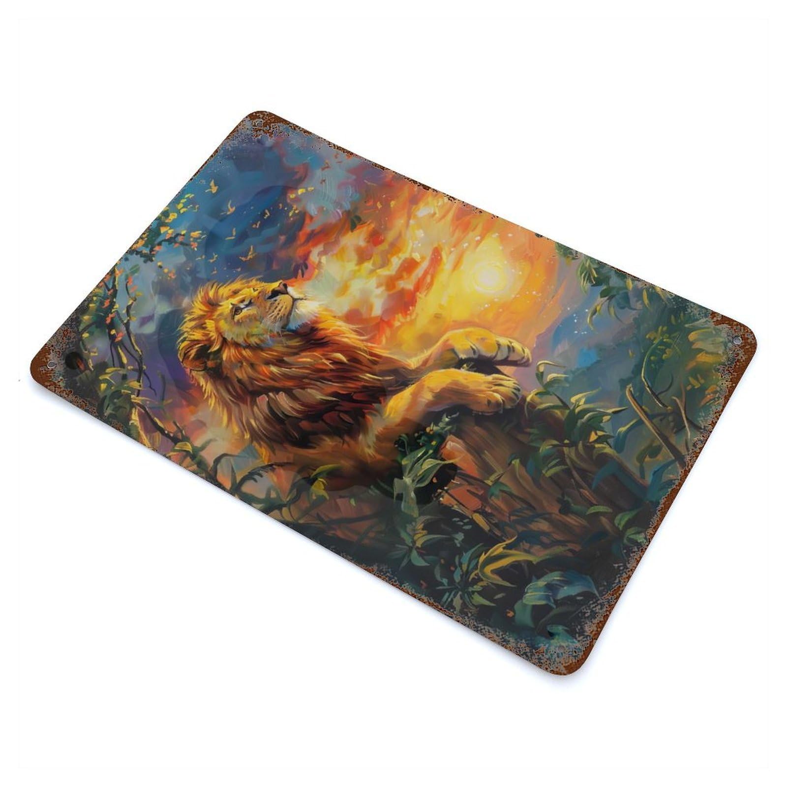Lion at Sunset Painting 11.8"x7.9" Rusty Metal Tin Sign, Farmhouse Wall Decor for Office, Studio And Wall Decor