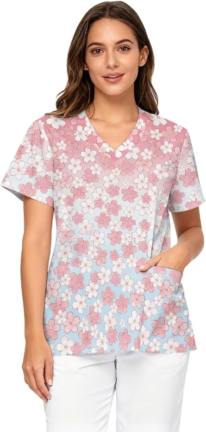 Scrub Tops for Women Short Sleeve Vneck Stretch Holiday Scrub Shirt Nursing Workwear with 2 Pockets
