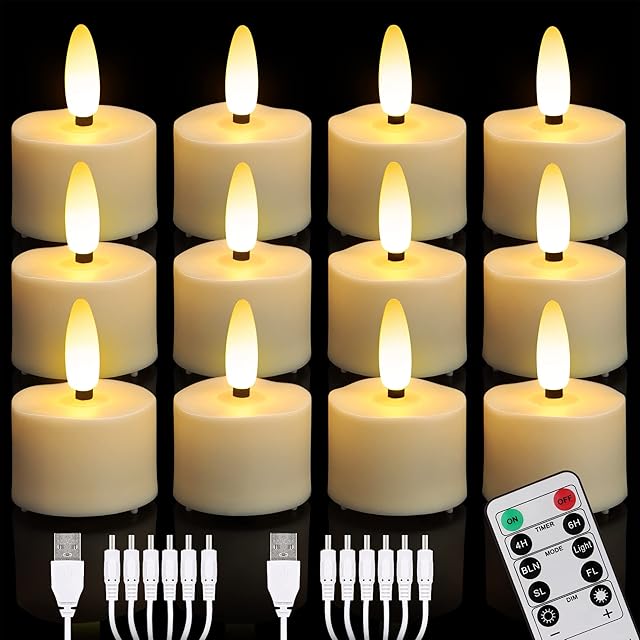 FREEPOWER 12pcs Rechargeable LED Tea Lights Flickering with Remote Control and Timer Dimmable Warm White Flameless Candles with 2 USB Charging Cables, Home Decoration for Halloween Christmas