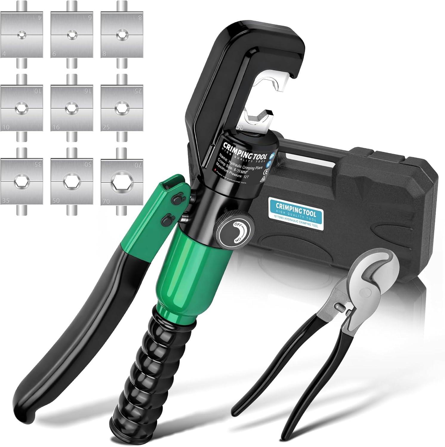 Hydraulic Crimping Tool Set with Cable Cutter, 10 Tons Battery Cable Crimper Tool with 12 AWG to 00 (2/0), Terminal Cable Wire Tool Kit with 9 Die (12awg~00awg Crimping Tool), Green