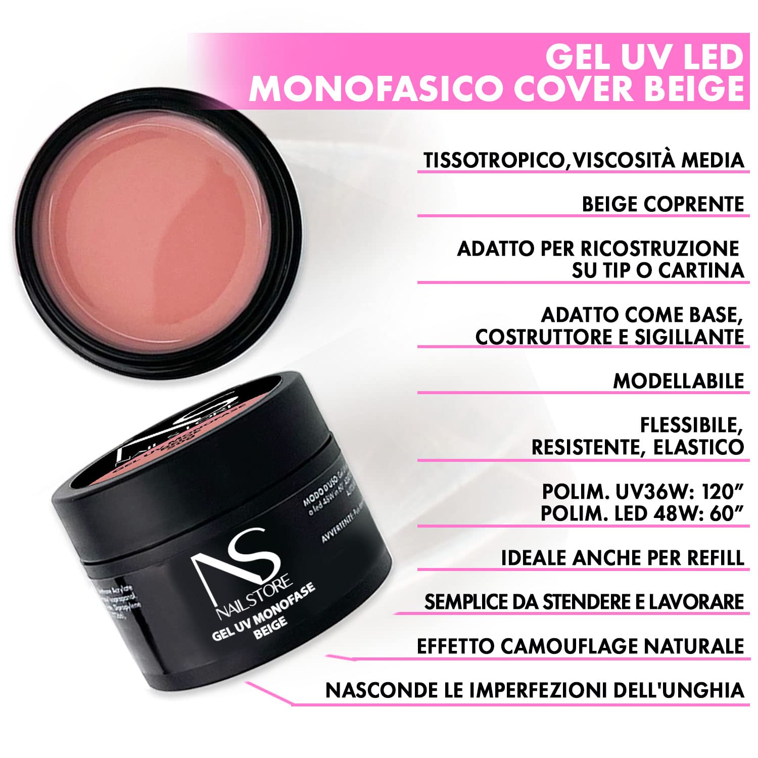 Nail Store - Żel UV Led jednofazowy Beżowy pokrowiec Beżowy - kamuflaż - średnia gęstość - samopoziomująca - łatwa obróbka, nadaje się do napełniania i przedłużania kartką (100 g)