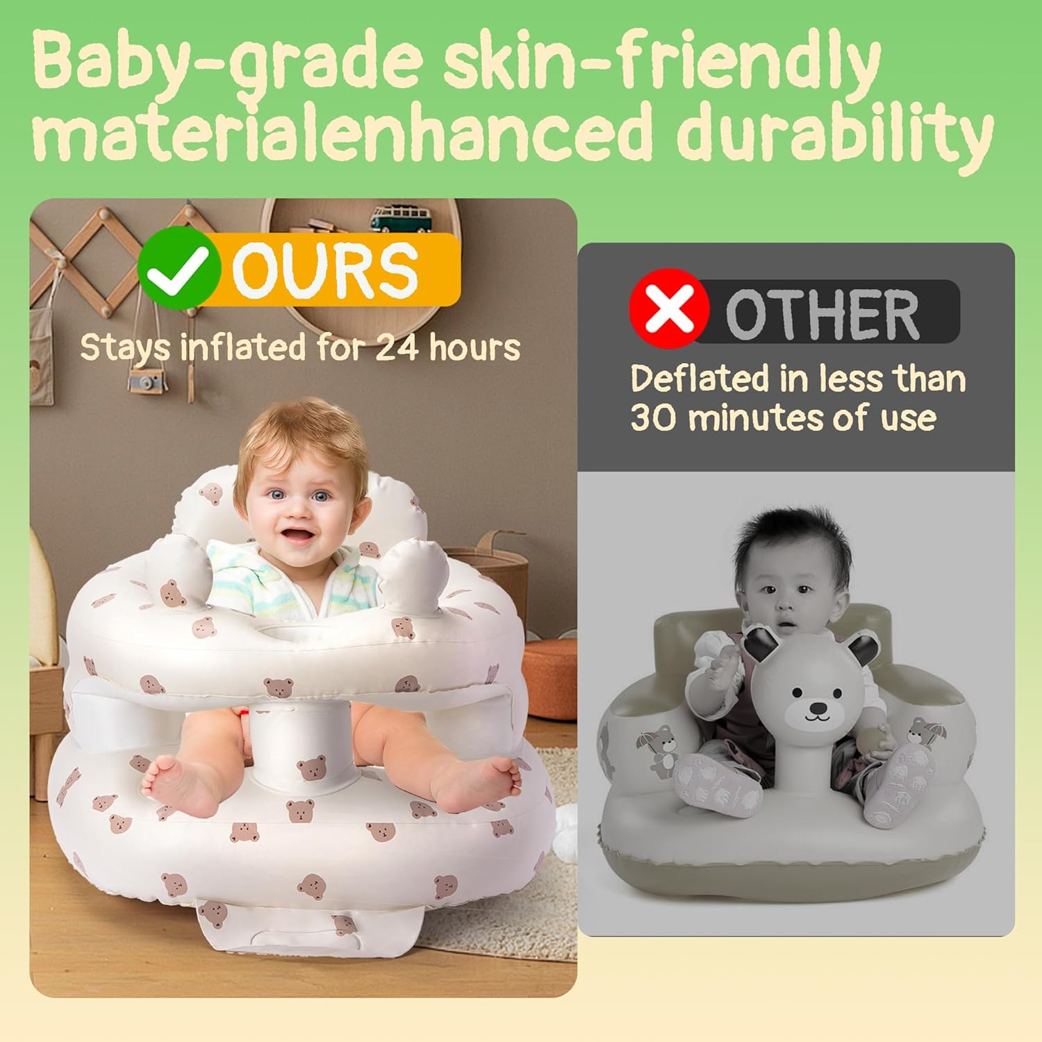 Inflatable Baby Seat for Babies 3-36 Months, Aloxina Sit Me Up Floor Chair with Built-in Air Pump, Squeaky Ears & Full Surround Design, Infant Support Seat for Sitting & Feeding (Bear)