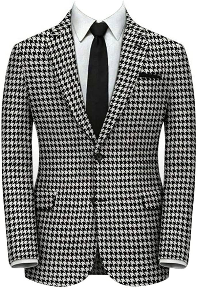 Premium Mens Slim Fit Houndstooth Plaid Dogstooth Tuxedo Prom Wedding Party Groom Jacket Suits