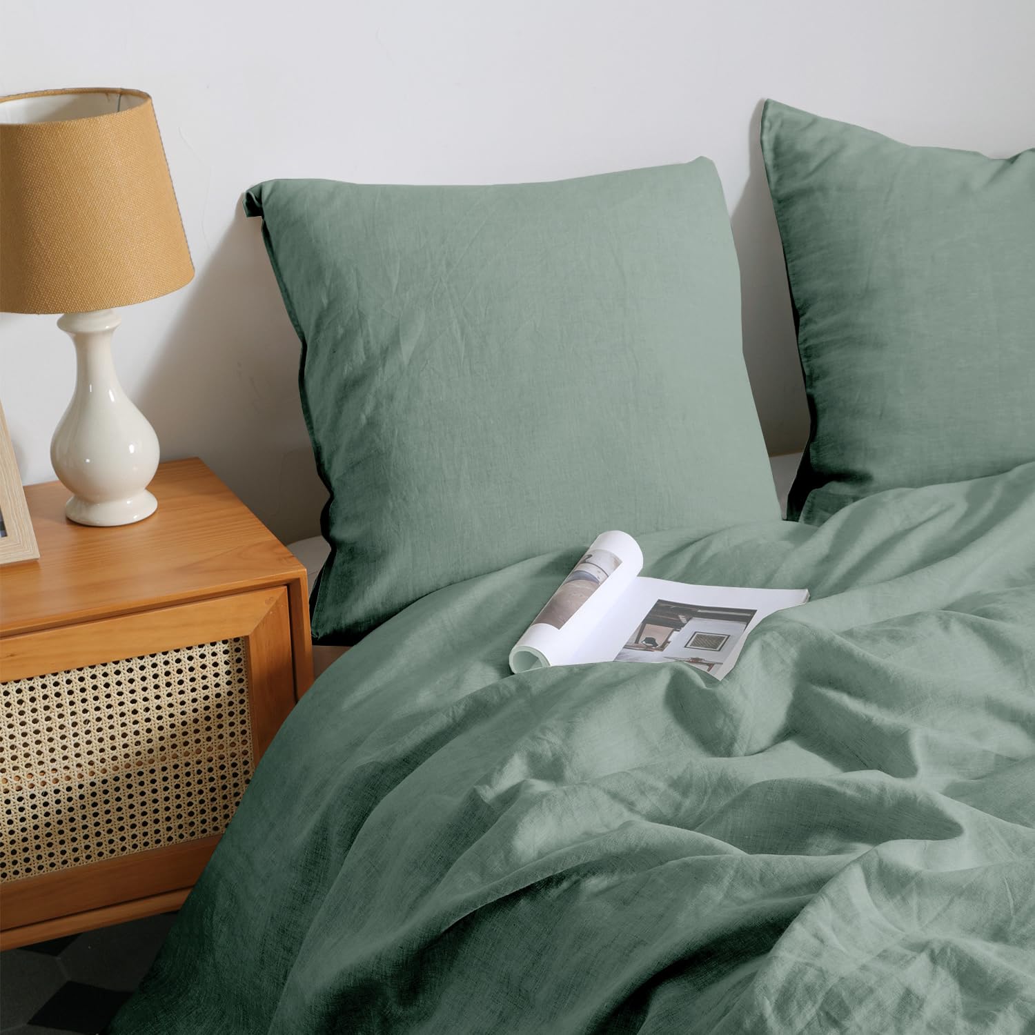 CHUFFED Ropa de cama de lino de 135 x 200 cm, 2 piezas, 100 % lino natural, 1 funda nórdica de 135 x 200 cm y 1 funda de almohada de 80 x 80 cm con cremallera, suave transpirable, color verde salvia