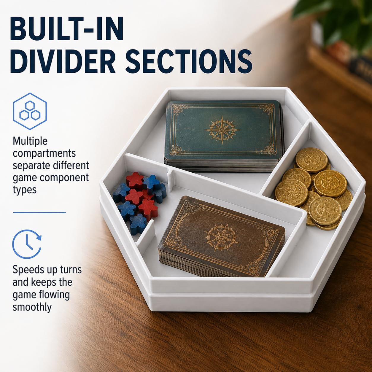 Board Game Piece Organizer with Dividers – Freestanding Card and Token Holder | Tabletop Game Night Storage Tray | Keeps Components Sorted and Game Table Clutter-Free