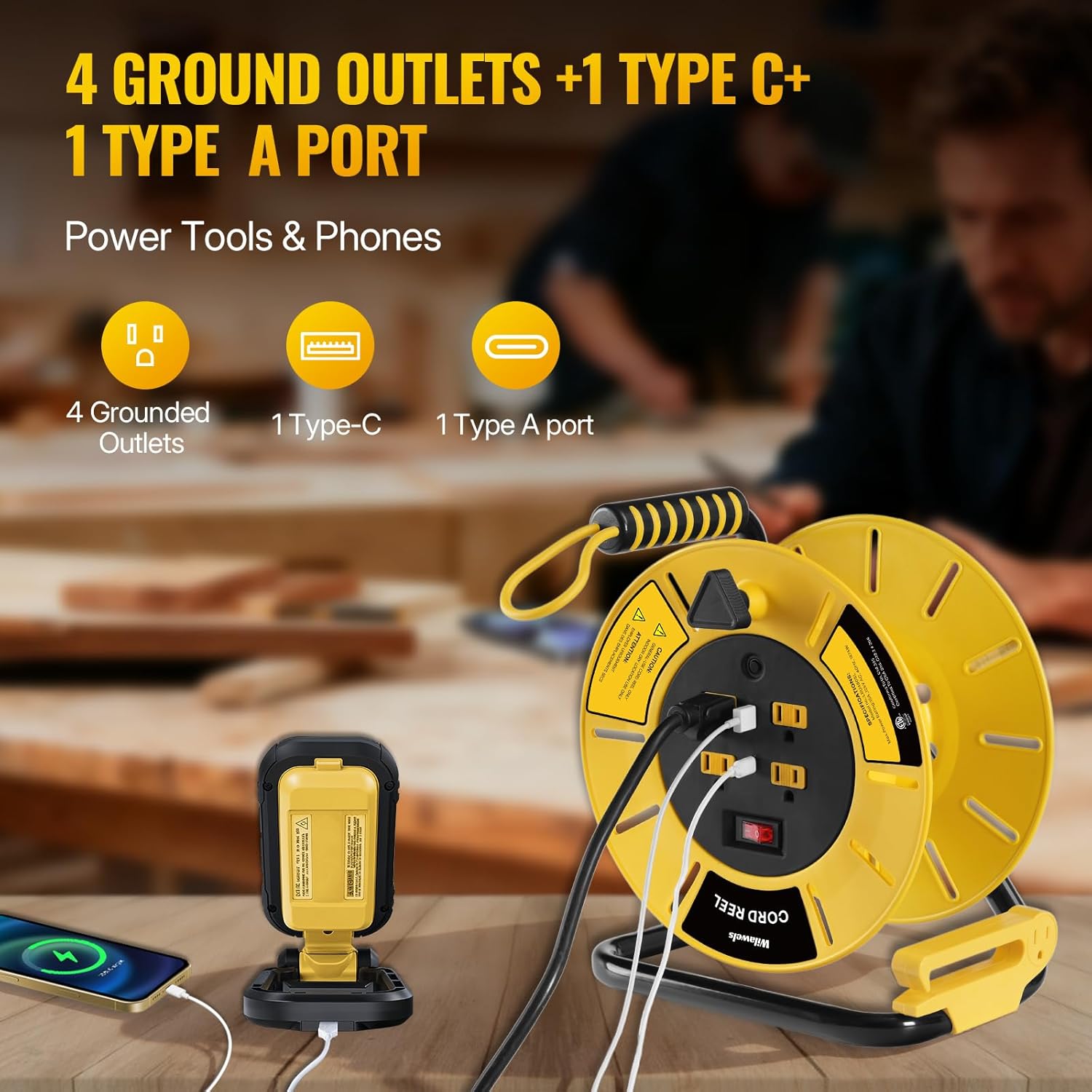 Extension Cord Storage Reel with 4-Grounded Outlet & 2 USB Port, 15A Circuit Breaker, Heavy Duty Open Cord Reel for 12/3,14/3 Gauge Power Cord, Hand Wind Retractable,ETL Listed Yellow Y85CR06