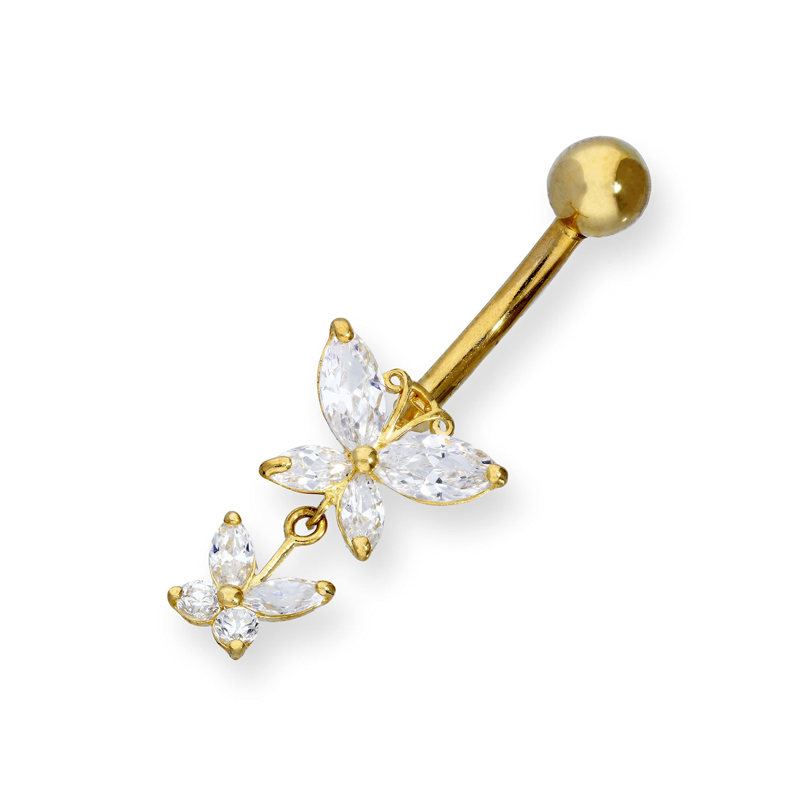 Piercing per ombelico in oro giallo 9kt con due farfalle (di cui una pendente) di pietre Cubic Zirconia CZ - chiusura a sfera