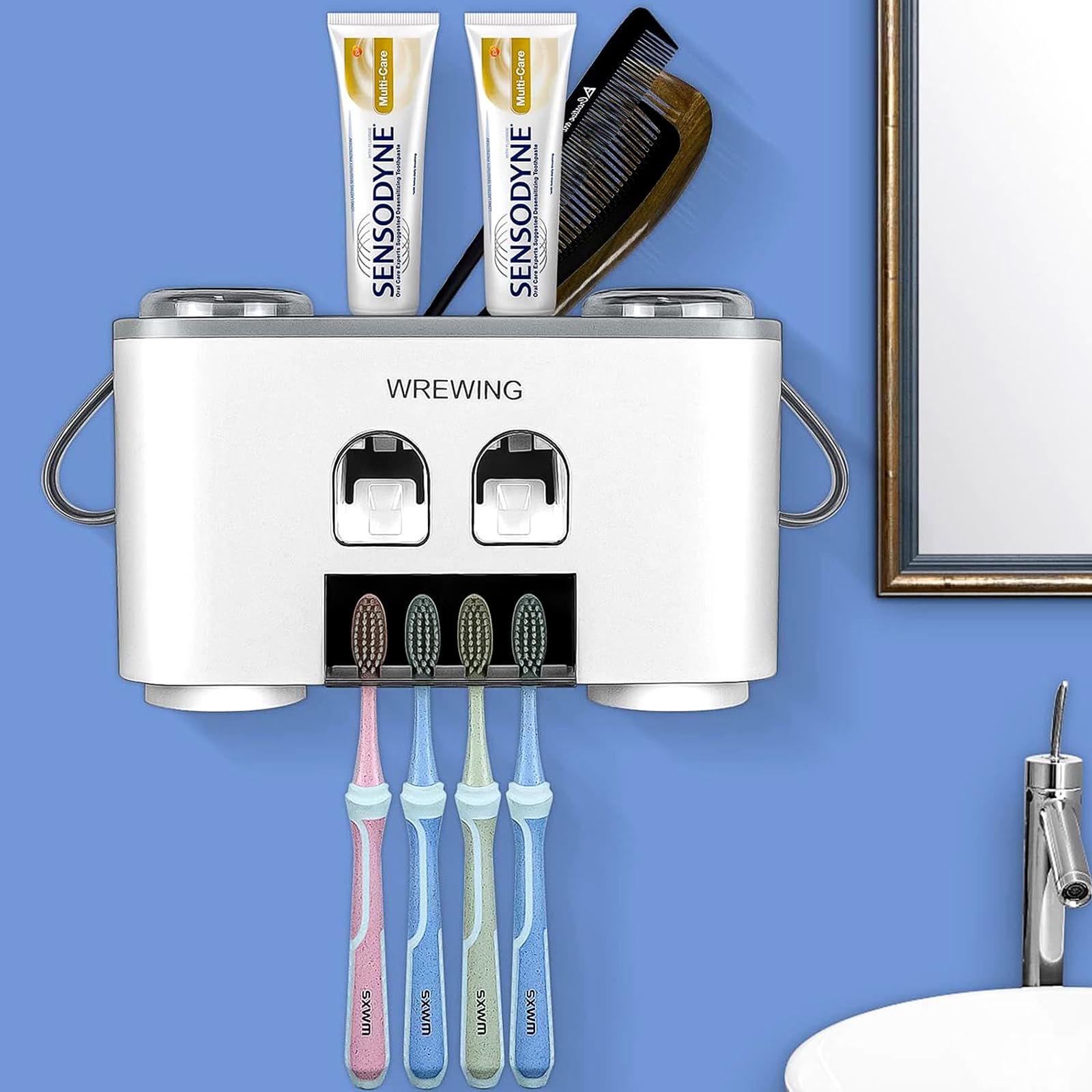 Toothbrush Holder for Bathrooms, Multi-Functional Toothbrush and Toothpaste Dispenser Wall Mounted, Toothbrush Holders with 4 Toothbrush Slots, 2 Toothpaste Squeezers and 4 Cups (Gray)