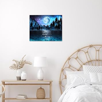 LB Full Moon Over Ocean Wall Art Blue Galaxy and Nature Mountain Tree in Forest Canvas Wall Art Fantasy Night Sky Framed Wall Decor for Bathroom Living Room Bedroom Ready to Hanging 16x12 Inch