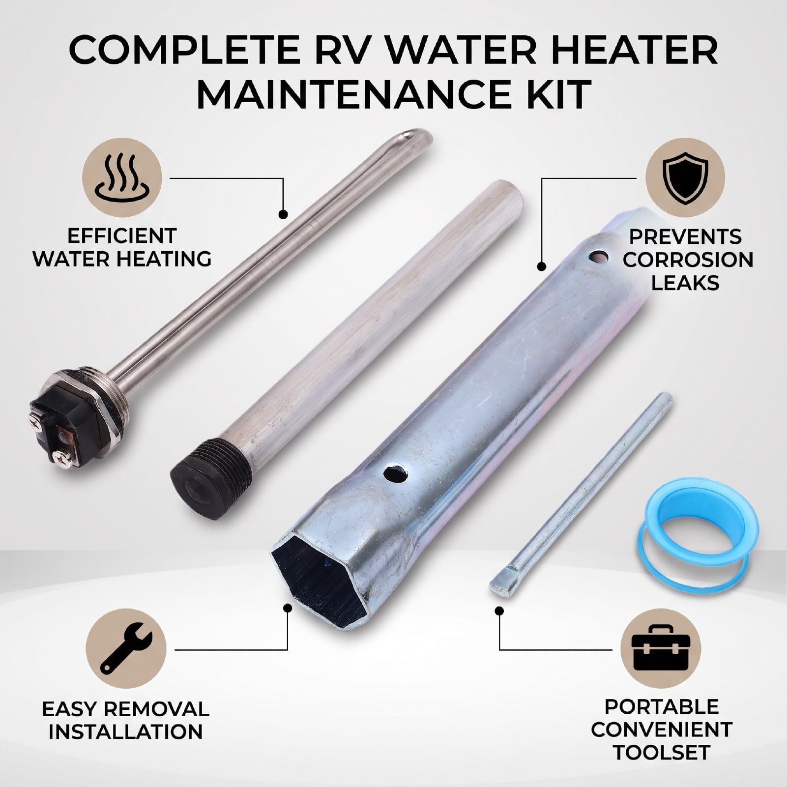 Anodo Magnesio Scaldabagno RV, Nastro Sigillante PTFE, per | Chiave Inglese con Presa in Rame, Riscaldamento Efficiente, Impugnatura Robusta, Riduce il Consumo Energetico