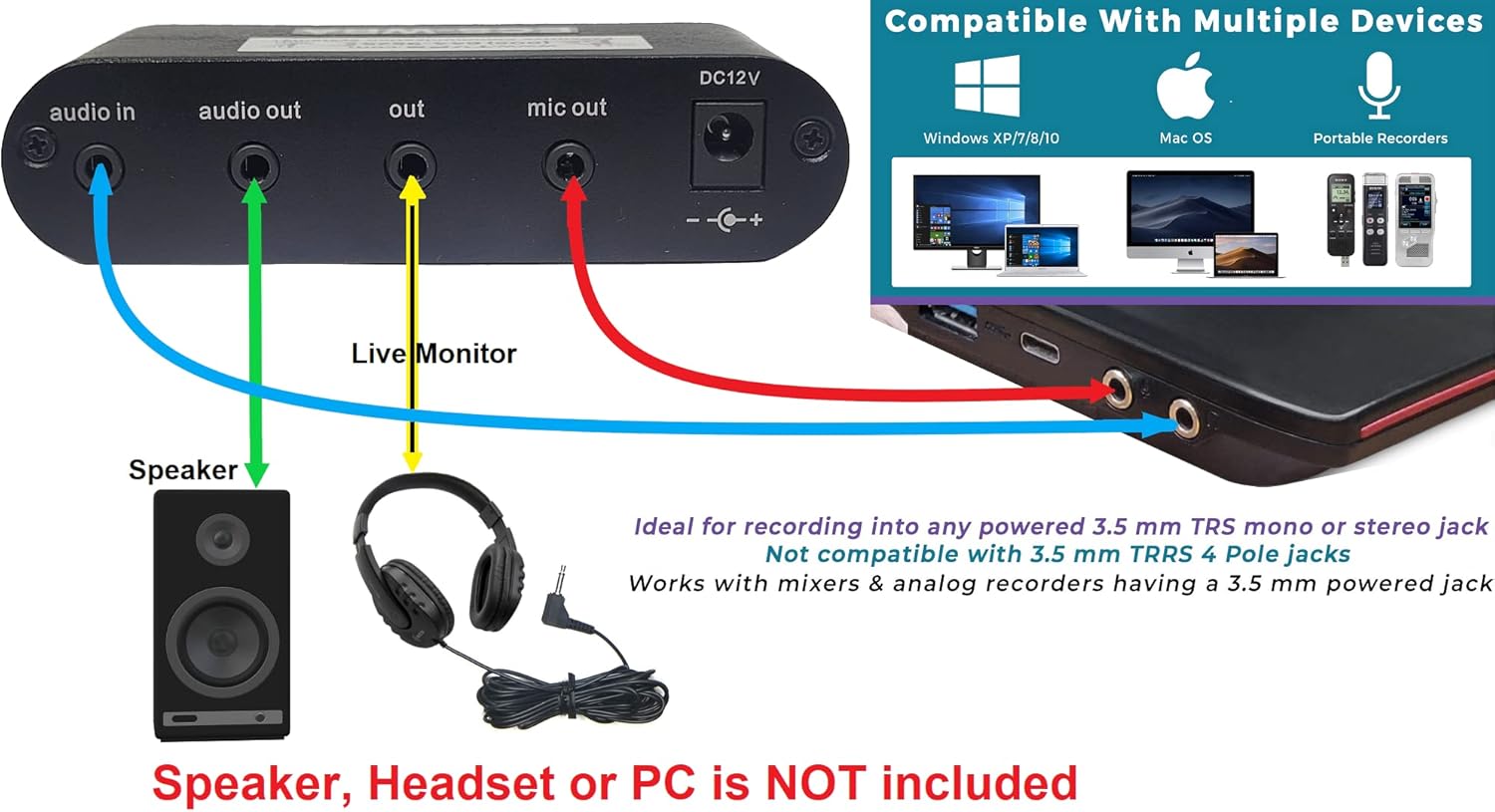 ECS WordBooster 3.5mm microphone amplifier boosts audio 22X (2,200%), built-in 3.5mm TRS stereo jack, crystal clear sound, can be used with electrets and common condenser microphones, USB power cord