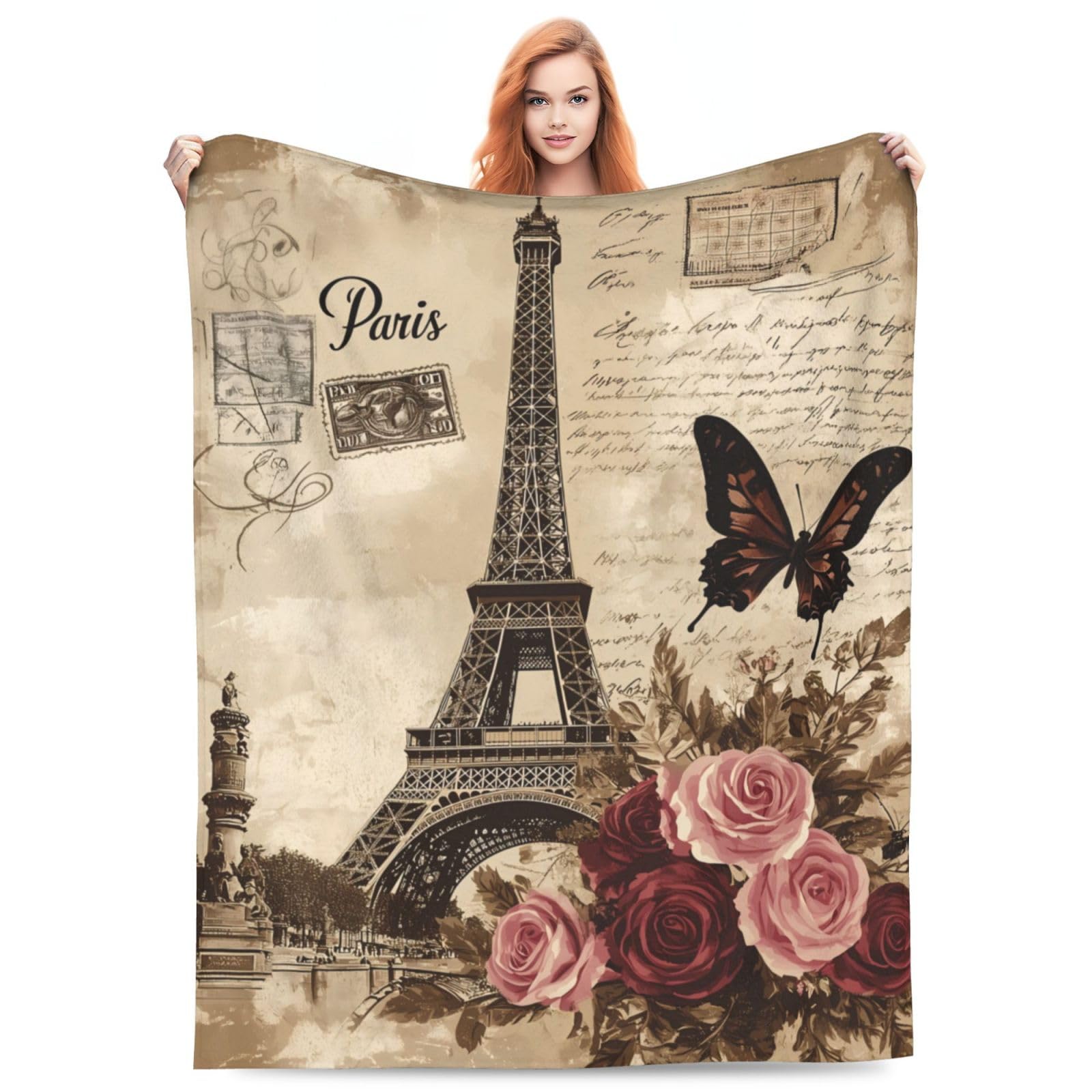 Paris Blanket Gifts for Women Girls, Flannel Vintage Paris Eiffel Tower Print Throw Blankets for Bed Living Room Sofa Couch Camping, Soft Warm