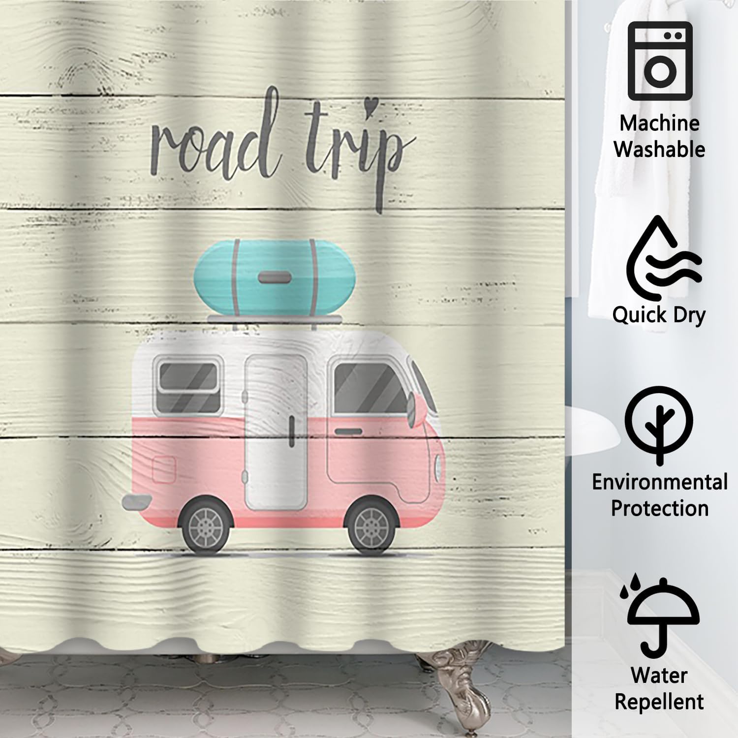 Renaiss Road Trip Shower Curtain Cartoon Rv Camping on Plank Pattern Shower Curtain Waterproof Washable Road Curtains for Home Bathroom Decor Customizable W72 x L78 inches