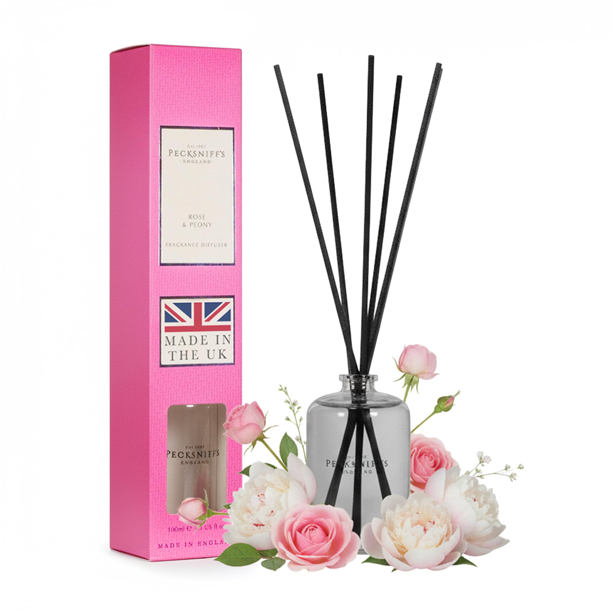 Pecksniff’s Reed Diffuser for Home, Rose & Peony Fragrance, Luxury Room Freshener, Handcrafted in England, 100 ml/3.38 fl oz