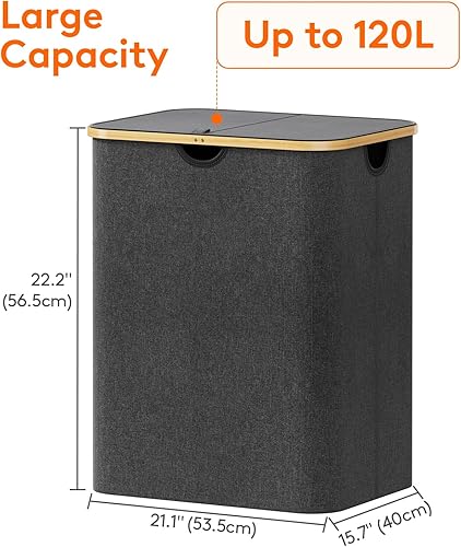 Miniatura 186 de Lifewit Cesta grande de 100 litros con tapa para ropa con asas de bambú y bolsa extraíble, plegable para dormitorio, baño, residencia universitaria