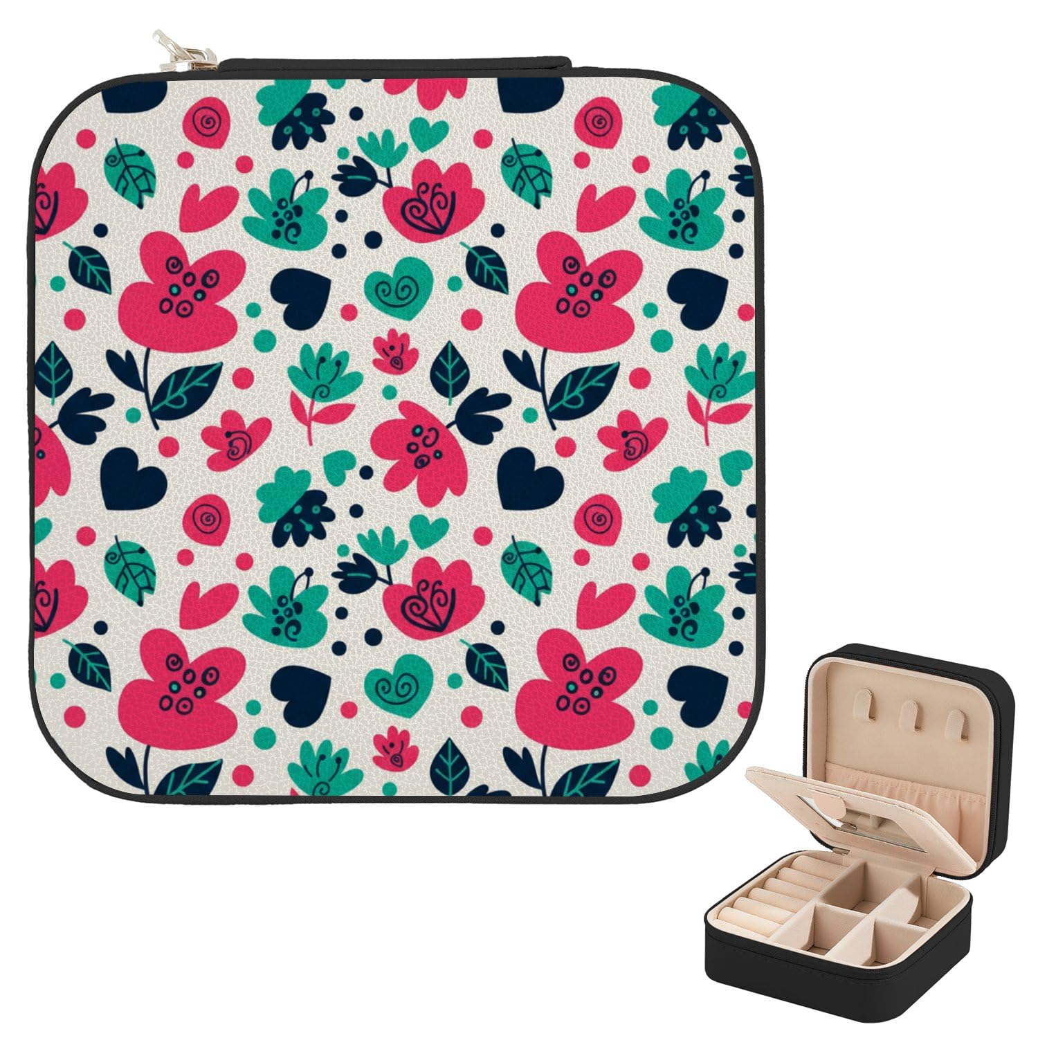 Cartoon Leaves Flower Heart Spot Beige Jewellery Box Leather Earring Holder Travel Accessories Women Travel Jewelry Case And