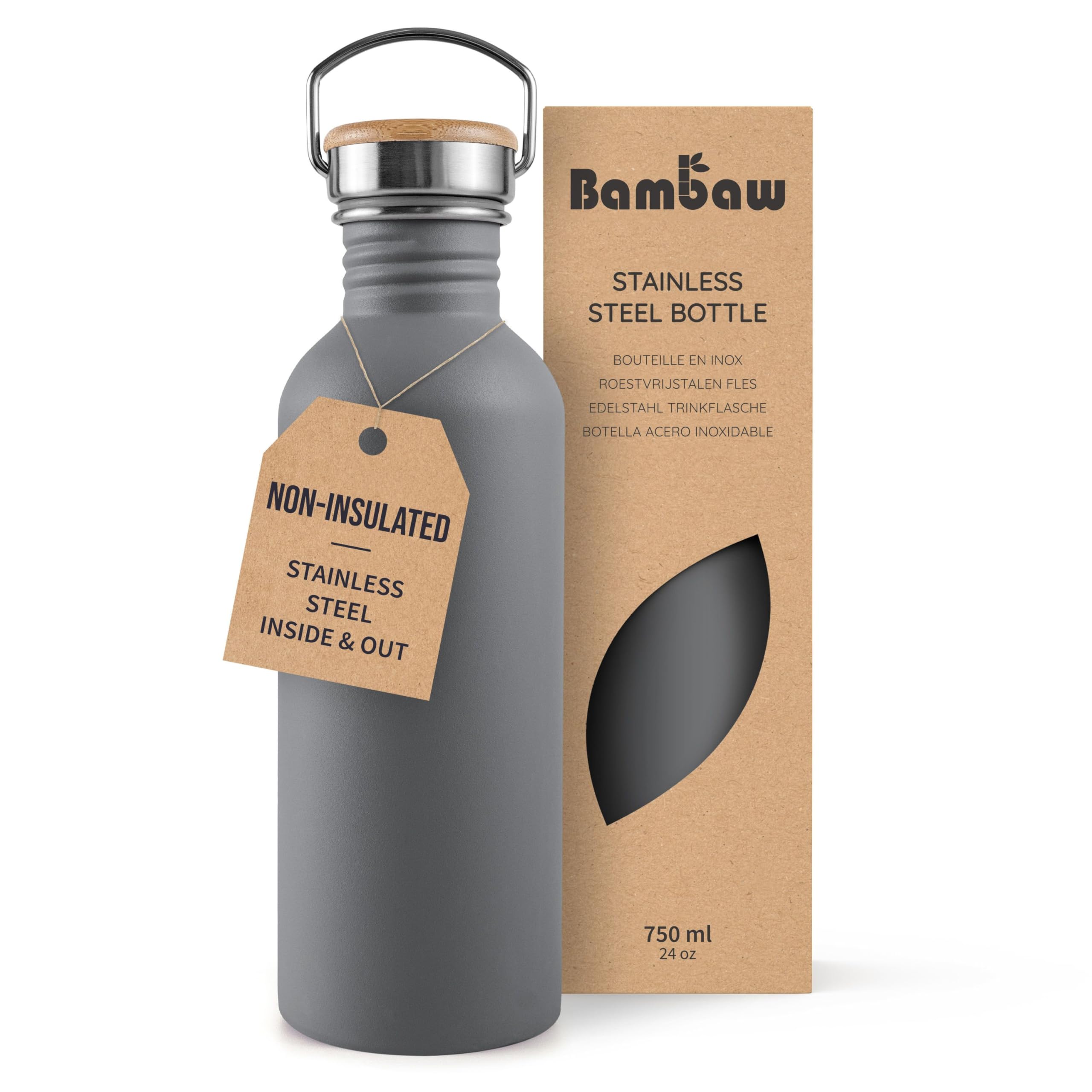 Bambaw Stormy Gray Stainless Steel Water Bottle 750Ml, Grey Non-Insulated Water Bottle, 750Ml Metal Water Bottle, Leak Proof And Reusable – Stormy Grey