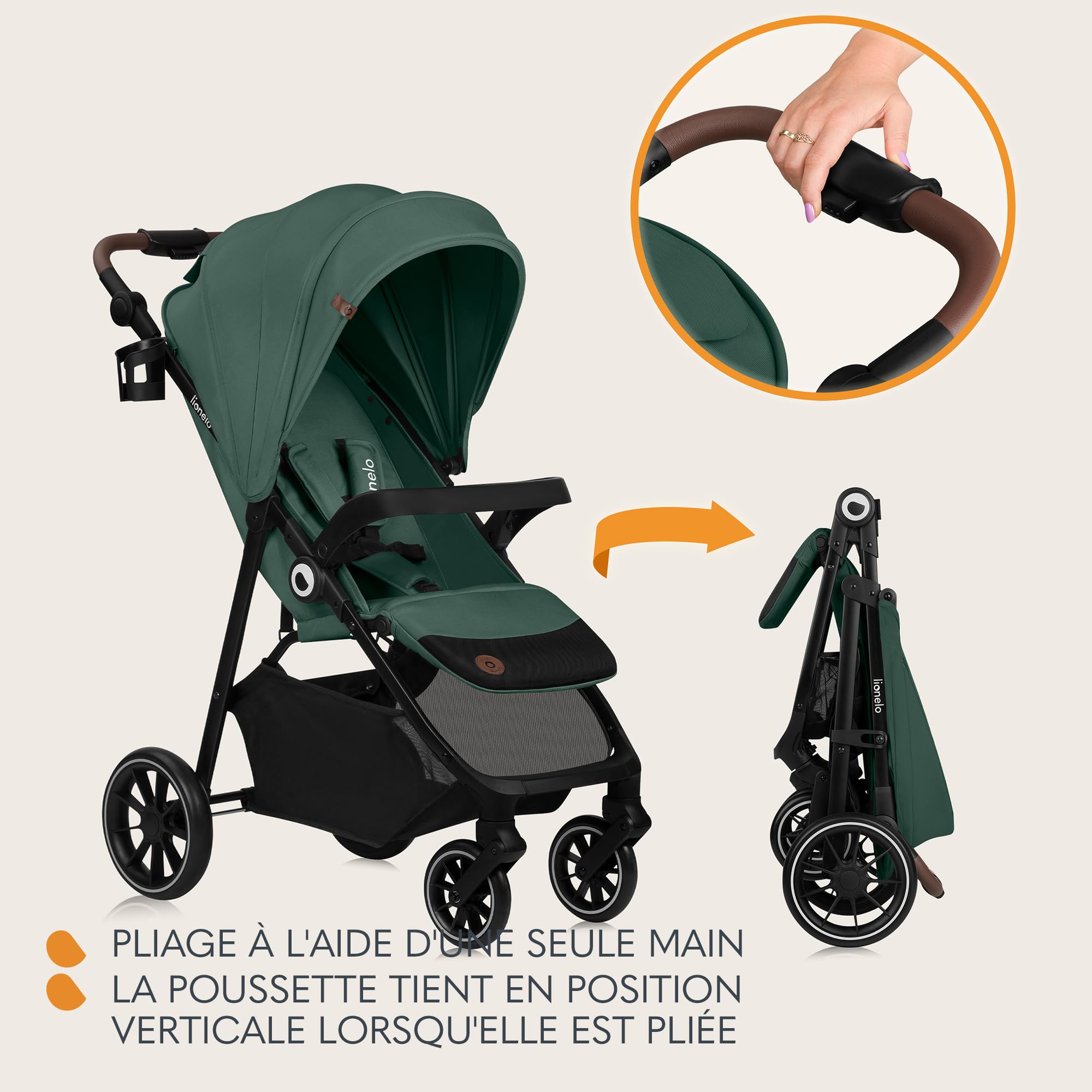 LIONELO EMMA ONE Poussette Canne jusqu'à 22 kg de 6 mois à 4 ans Roues Pivotantes 360° Absorption Totale des Chocs Pliage à Une Main Dossier et Repose-Pieds Auvent Ajustable XXL UPF50+ (Green)