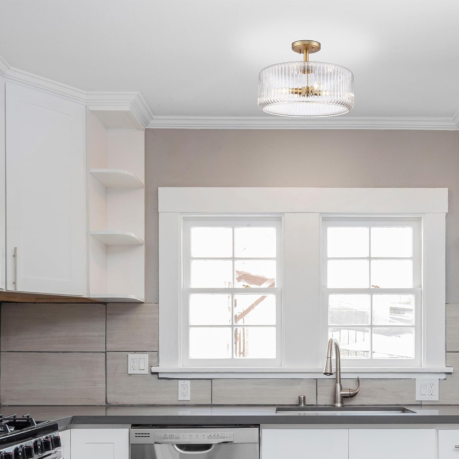 Ashbourne Semi Flush Mount Ceiling Light, Modern Gold Finish with Clear Ribbed Glass Shade, Mid-Century Drum Fixture for Bedroom, Kitchen, Hallway, Dining Room & Entryway, E12 Base (Semi Flush Mount)