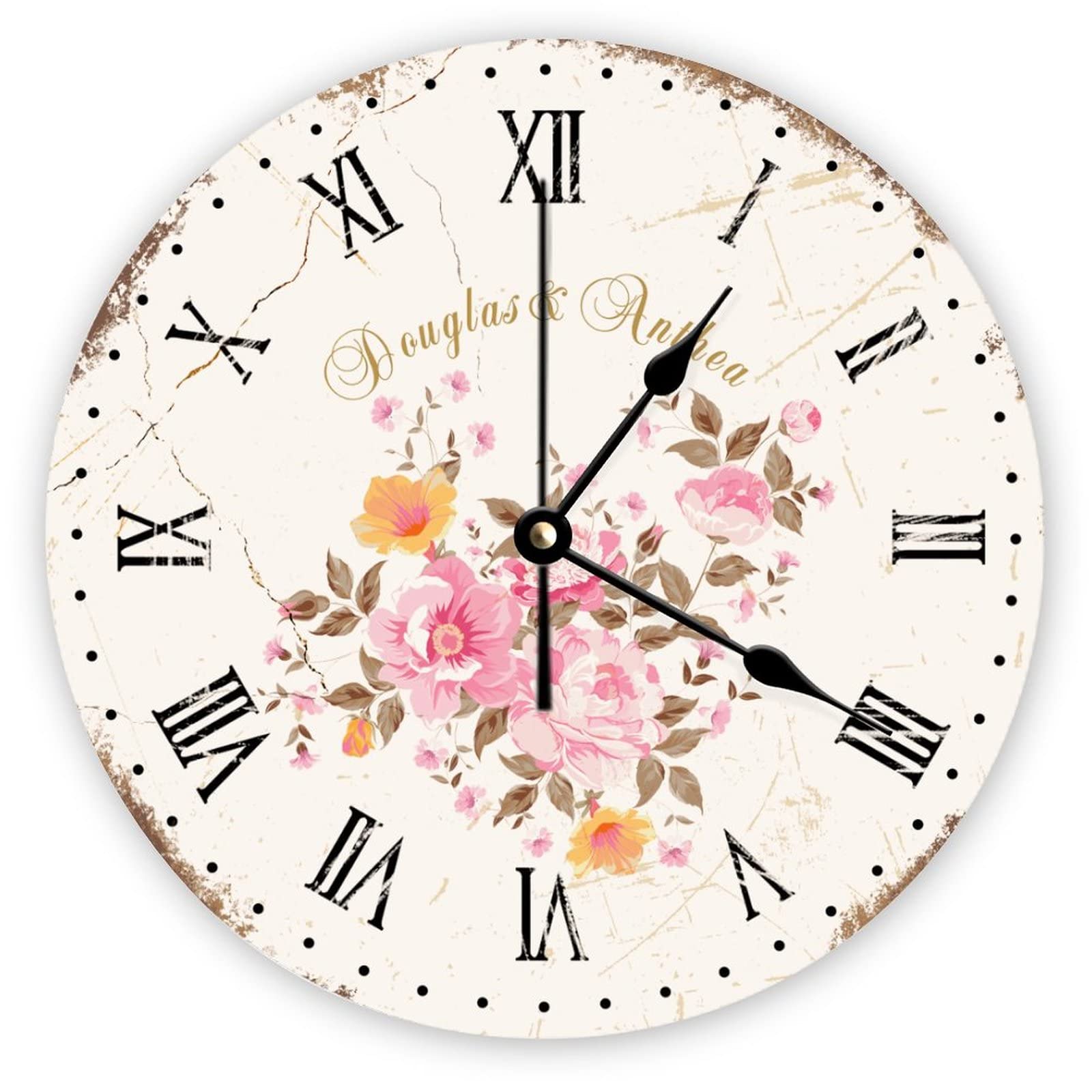 Horloge murale vintage à fleurs style français rétro floral horloge à piles cuisine 38x38 cm