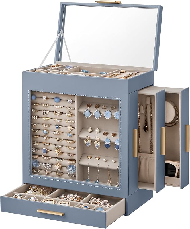 SONGMICS Colección GISELLA - Joyero con ventana de vidrio, Organizador de joyas de 5 capas con 3 cajones, Espejo grande, Moderno, 6.1 x 10.3 x 12.6 pulgadas, Azul ahumado y dorado metálico UJBC162Q01 | Organizador de joyas con espejo grande, 6,1 x 10,3 x 12,6 pulgadas, azul paloma y tostado, colección GISELLA UJBC162Q01