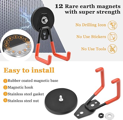 Miniatura 6 de Paquete de 2 ganchos magnéticos, manget grande con ganchos, ganchos magnéticos de 2.59 pulgadas (2.598 in) resistentes para manguera, sierra
