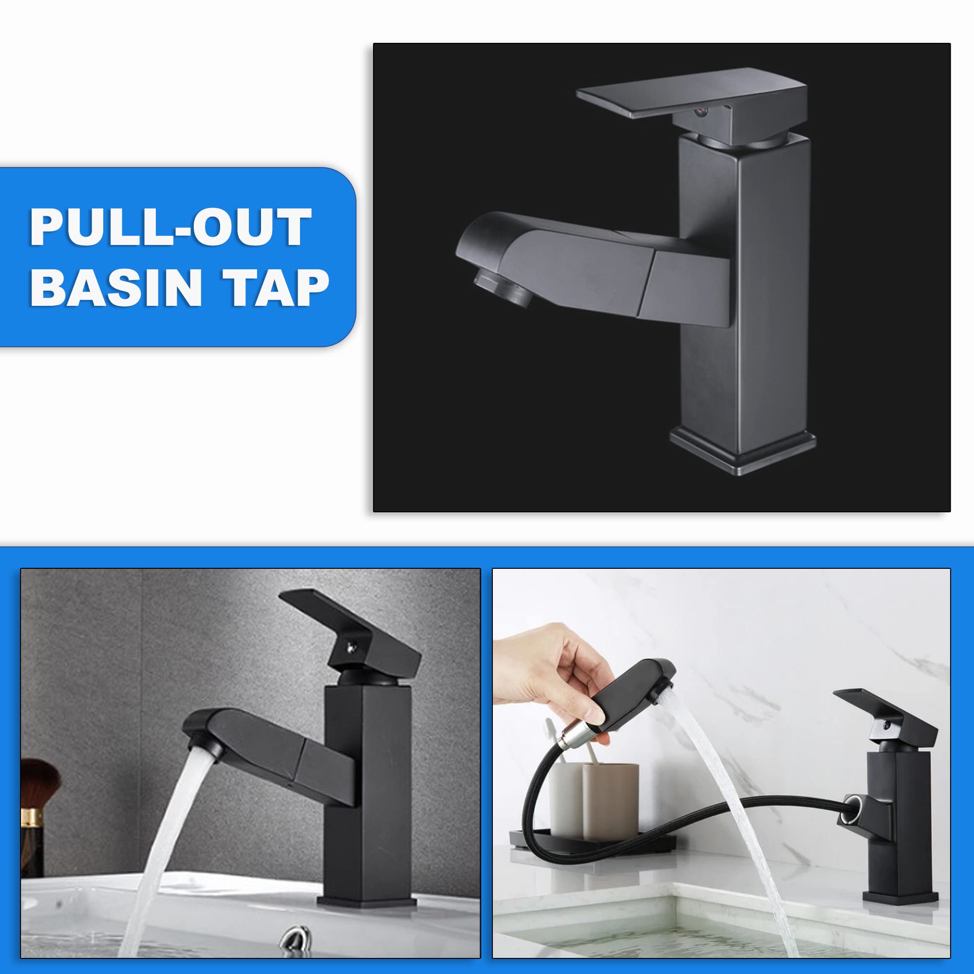 Grifo lavabo negro extraible extensible acero inoxidable monomando agua fria y caliente 2 mangueras incluidas grifo baño negro