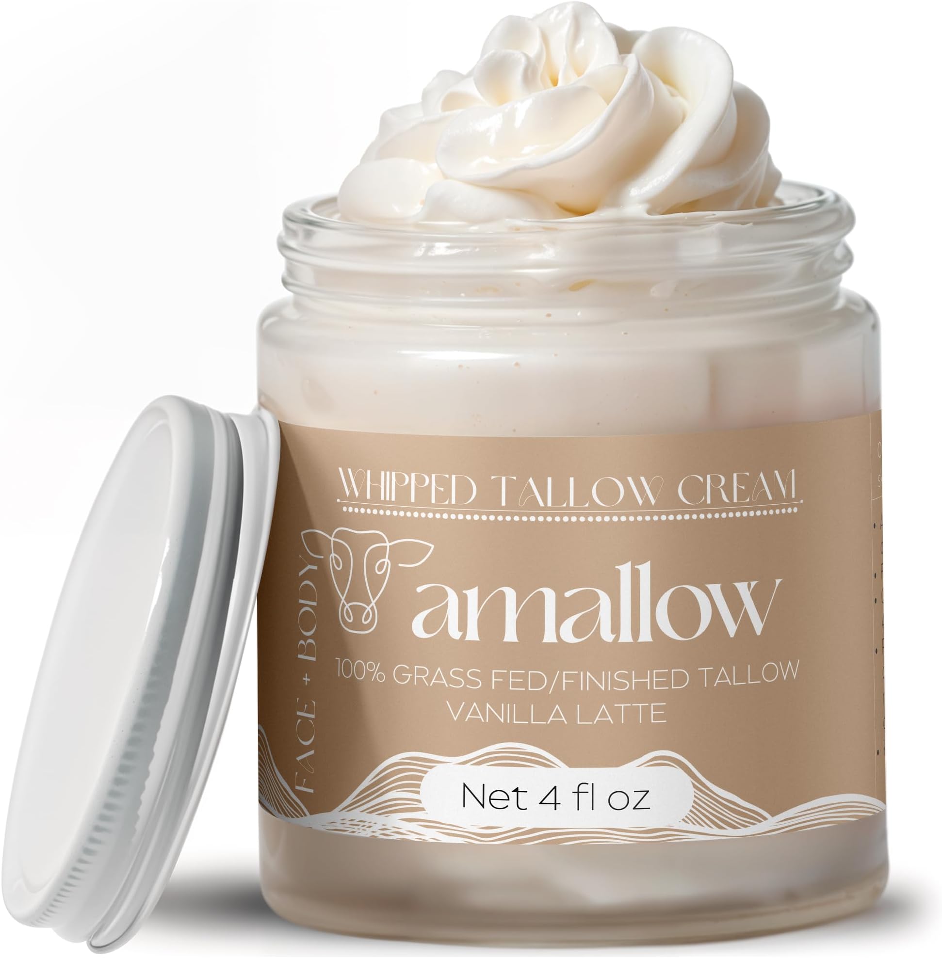 Amallow 100% Grass Fed Beef Tallow for Skin Care - Face + Body - Whipped Moisturizer - Natural Lotion, 4 FL. oz. (Vanilla Latte)
