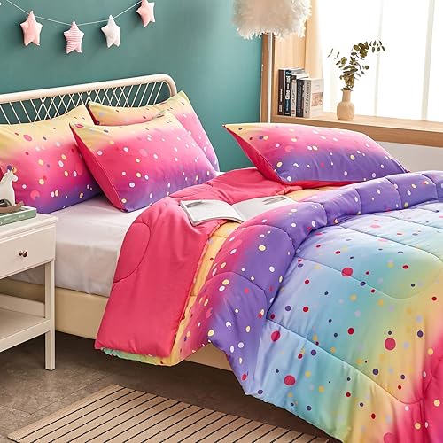 Miniatura 5 de Yogeneg Coloridos juegos de edredón de lunares para niños, tamaño individual para adolescentes, niñas y niños y mujeres, edredón de arcoíris impreso