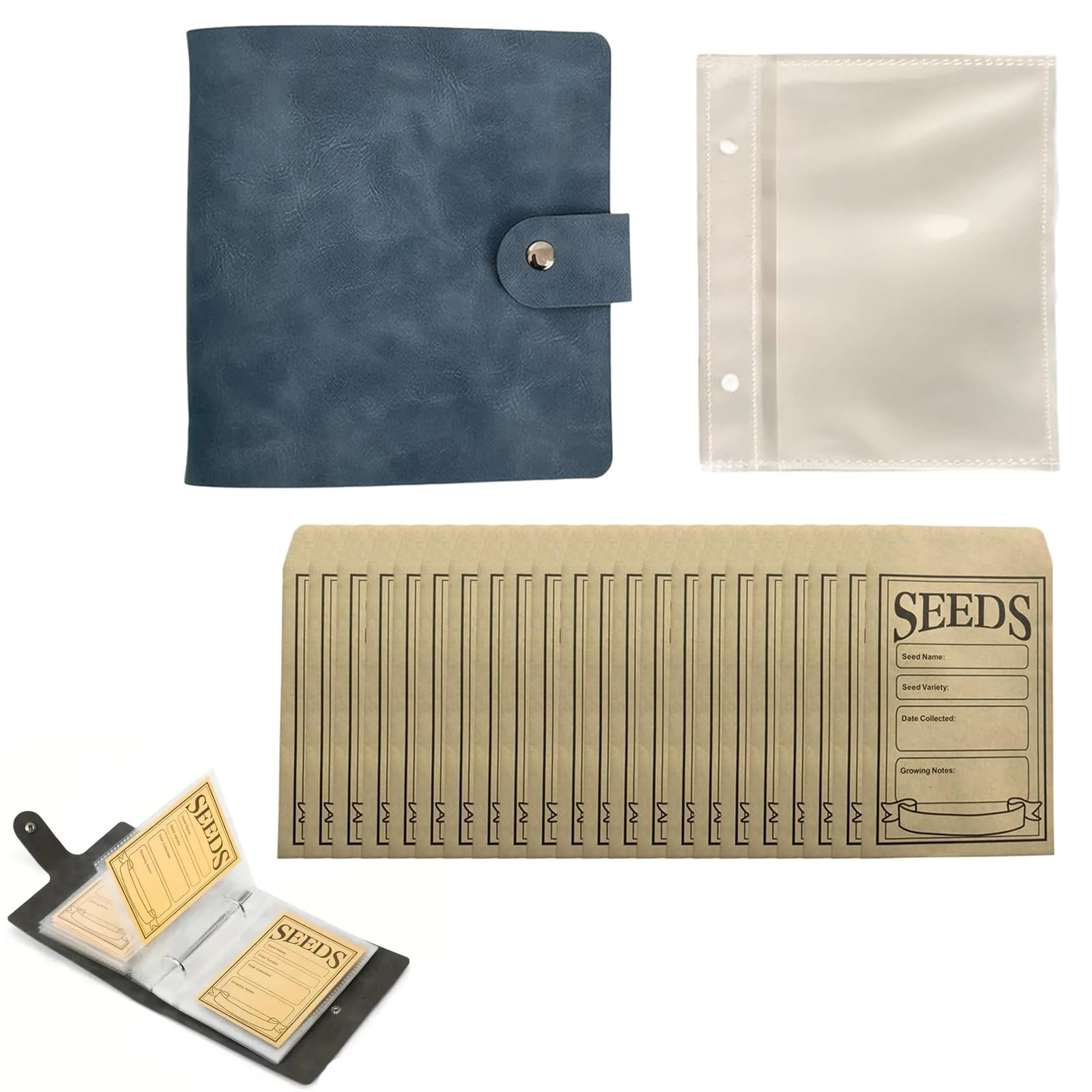 CPRNQY Samen Aufbewahrung, Saatgut Aufbewahrung, Samentütchen, Samentüten, 1 Blauer Ledermappe Mit 2 Ringe und 50 Samentütchen, Praktische Lösung zur Organisation Von Garten Samen und Kleinteilen Garten