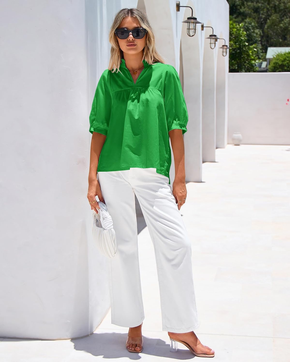 SimpleFun Puff Sleeve Blouses for Women Dressy Casual High Ruffle V Neck Babydoll Peplum Tops Summer Loose Shirts - Image 6